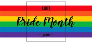 Pride Month logo with rainbow striped background